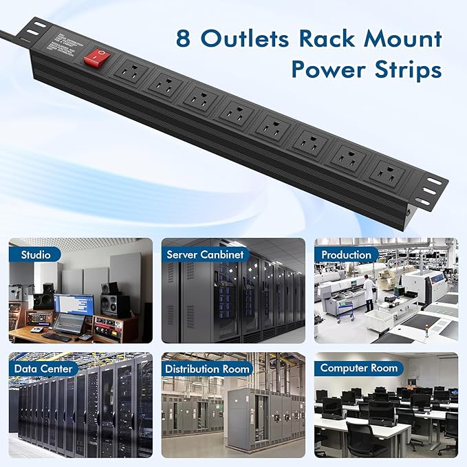 20PCS Power Strip Surge Protector Rack-Mount PDU, 8 Right Angle Outlets Wide-Spaced, Mountable Power Strip Heavy Duty for Server Racks, Commercial, 300J (Black 6FT)