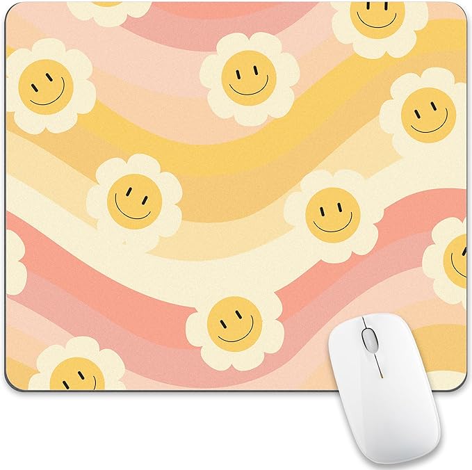 Smile Face Mouse Pad Desk Retro Orange Yellow Rainbow Cute Daisy Groovy Flower Mousepad Sun Floral Aesthetic Square Laptop Computer Office Small Portable Wireless Mat Accessories Girly Teacher