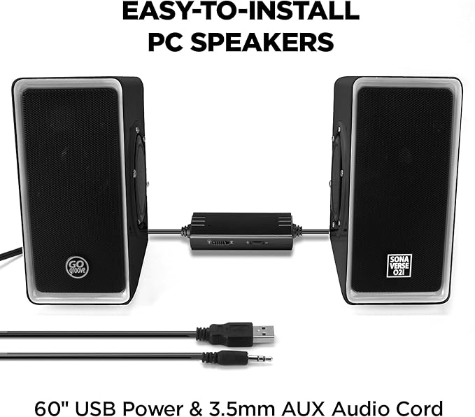 GOgroove Gaming Computer Speakers with Blue LED Light - SonaVERSE O2i Speakers for Desktop, Laptop, PC - USB Speaker 2.0 with AUX Input, in-Line Volume Control, Bass Stereo Sound, 14W (Black)