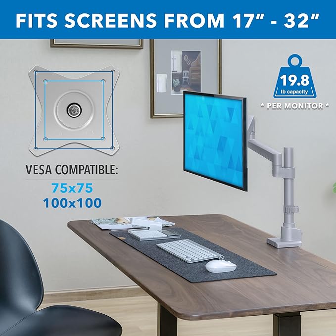 Mount-It! Single Monitor Desk Mount – Pole Mounted Gas Spring Arm, Full Motion Height Adjustable Monitor Stand with C-Clamp or Grommet Base, Fits 19–32 Inch Screens, Silver