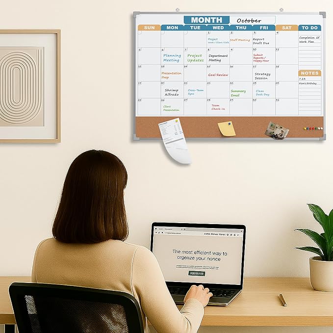 Monthly Calendar Dry Erase Board 36x24 Inch, Double-Sided Whiteboard and Corkboard Combo with Silver Aluminum Frame (Color Calendar), Wall Mounted Planer with Marker, Magnet, Push Pin, Eraser