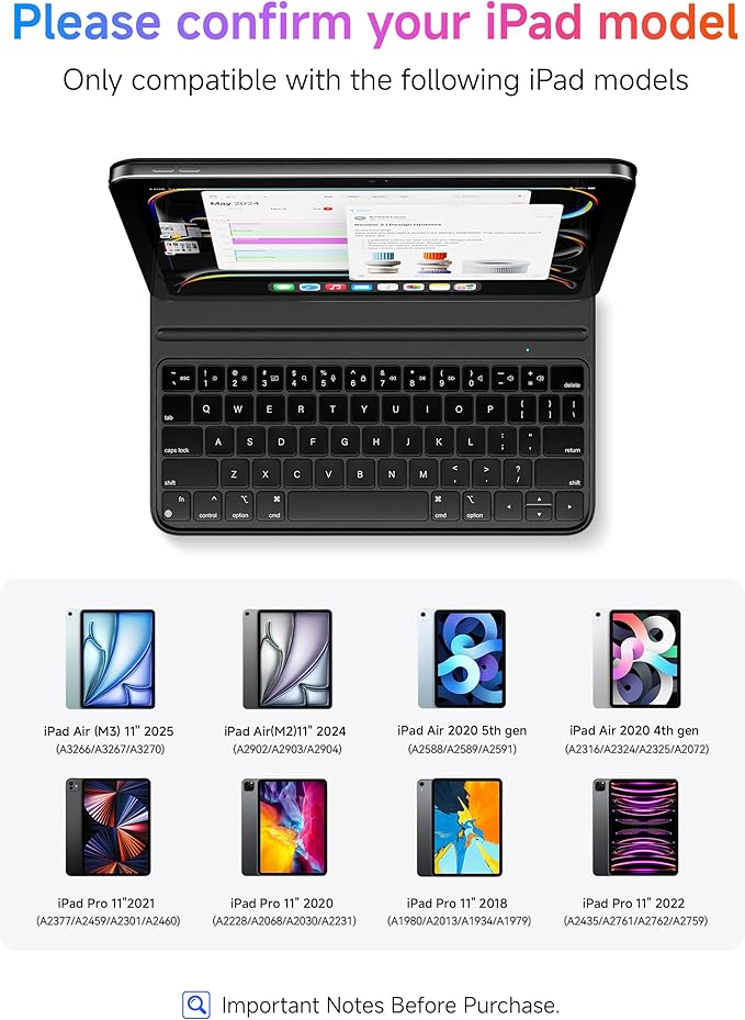 HOU Slim Bluetooth Keyboard Case for iPad Air 11 inch M4/M3/M2(2026/2025/2024), Air 5th/4th, Pro 11 (1st-4th Gen), Smart Folio, Magnetic Stand (2 Angles), Magnetic Charging, Synthetic Leather, Black