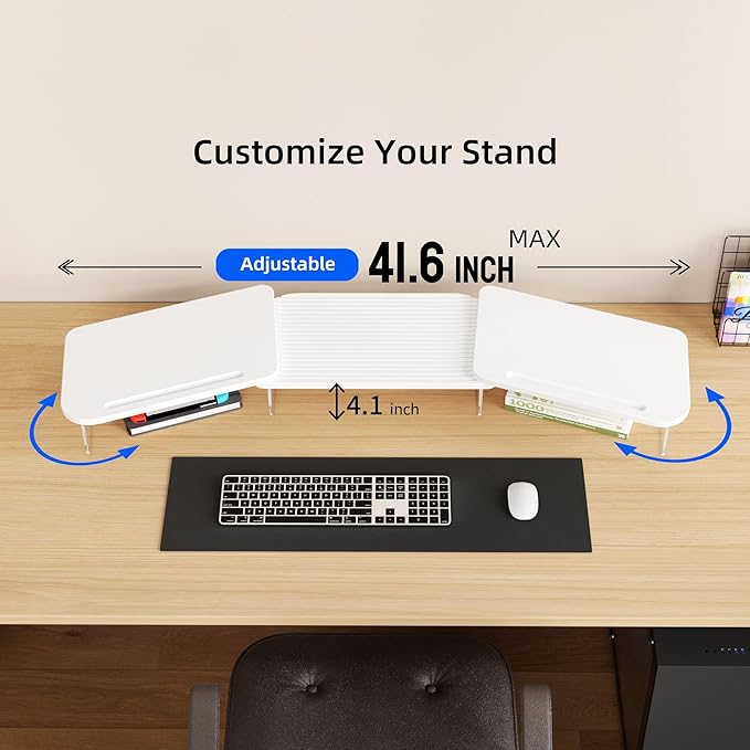 LED Dual Monitor Stand Riser for 2 Monitors,Office Desktop Wooden Stand Adjustable Length and Angle 3 Shelf,Extra Long Multifunctional Stand up to 39.3" for Computer,Laptop,TV,White