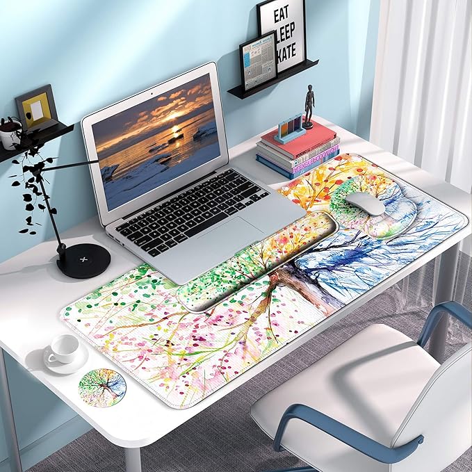 Desk Mat Set + Keyboard and Mouse Pad with Wrist Rest Support,4-in-1 Large Mousepad Computer Mats for Desktop Home & Office-Watercolor Tree