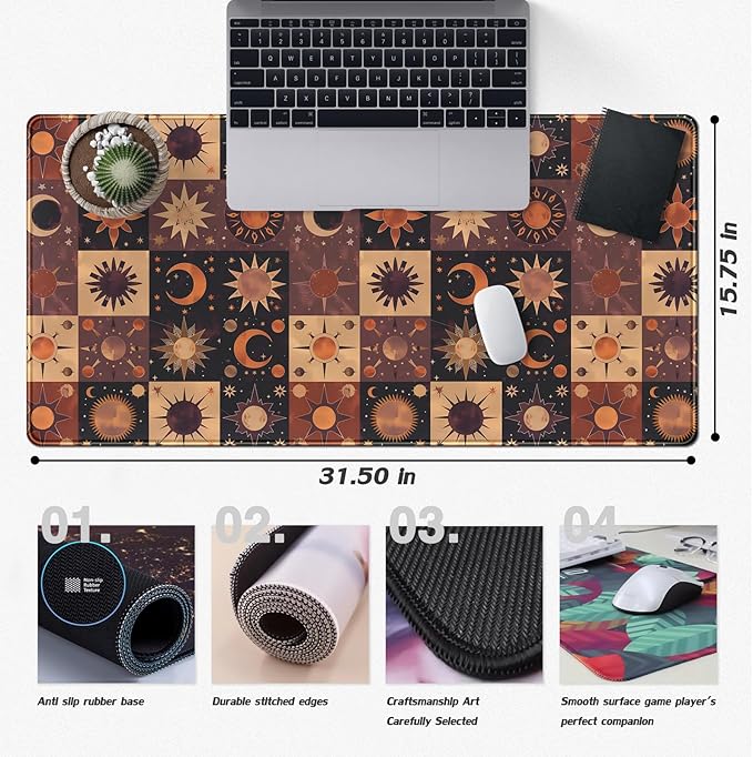 Cute Celestial Desk Mat Aesthetic Desk Pad Cottagecore Large Mouse Pad XXL 31.5''X15.7'' with Stitched Edges Gaming Mousepad Extended Keyboard Mouse Mat for Computer Laptop Gamers