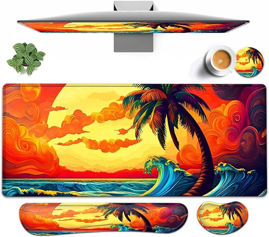 Large Mouse pad and Keyboard Support Set, Ergonomic Memory Foam Keyboard Wrist Rest, Extended Gaming Mouse Pad with Stitched Edges, Psychedelic Shoreline XXL Desk Mat (31.5 X 11.8 in)