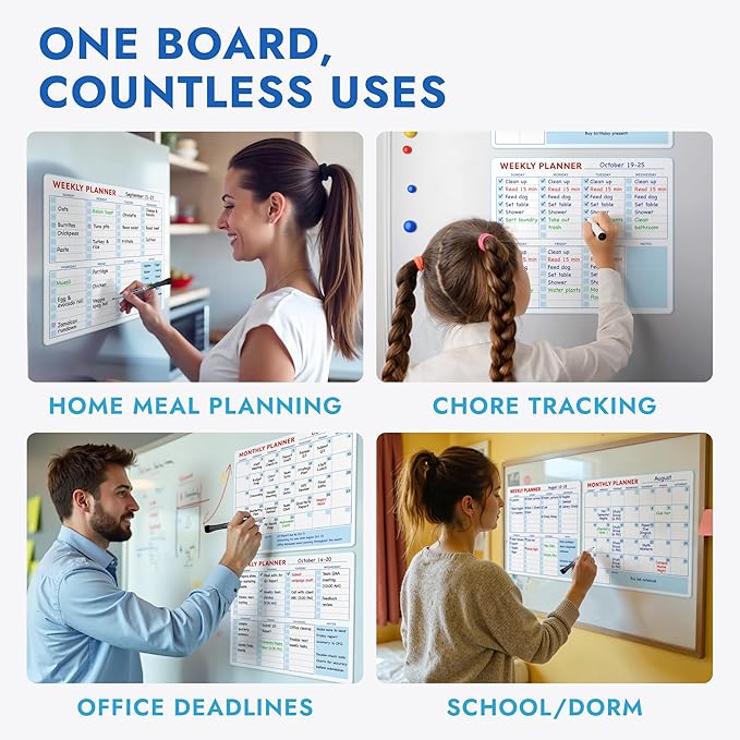 Magnetic Whiteboard Calendar for Fridge – 2-Pack Monthly & Weekly Planners (14”x12”) – Dry Erase Boards with Notes Section, Shaded Dates – Includes 4 Markers & Magnetic Eraser