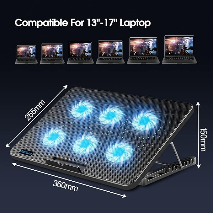 Laptop Cooling Pad, Gaming Laptop Cooler with 6 Quiet Fans, Laptop Fan Cooling Pad Fits 12-17 Inch Laptop, USB Port Powered, 7 Adjustable Height