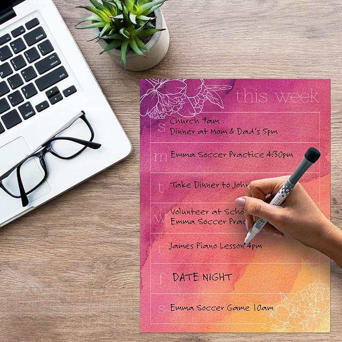 Dry Erase Weekly Calendar Planner Sticker Decal | Removable & Reusable | Magnetic Fine-Tip Marker Included (9 x 12 inches, Peony)