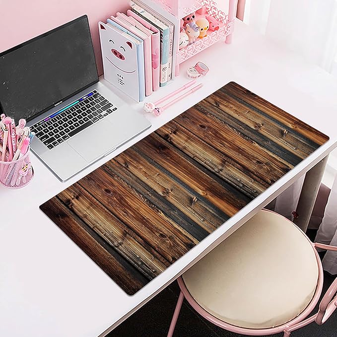 LB Rustic Wood Brown Mouse Pad Large Vintage Wood Texture Desk Mat Non-Slip Rubber Base Gaming Computer Mouse Mat for Home, Office 15.75L X 31.5W Inch