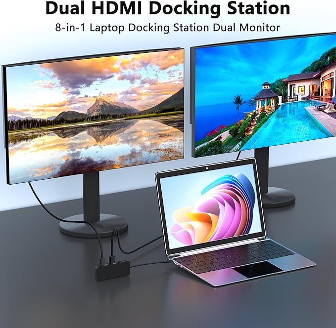 Laptop Docking Station Dual Monitor for Dell/HP/Lenovo/Mac, HDMI Splitter for Dual Monitors Extended Display, Dual Monitor Adapter 4K@60hz, USB C Docking Station for Laptop with HDMI/USB/PD/SD/TF
