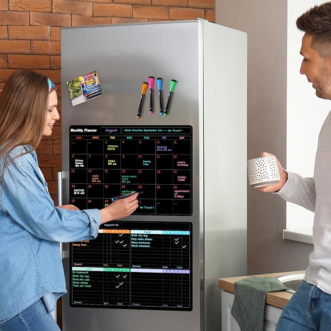 Fridge Black Whiteboard Calendar Set(3-Pack), 1 Pcs Magnetic Chore Chart and 1 Pcs Refrigerator Planner Calendar,1 Pcs List and 6 Markers,Reward Chore Chart for Kids Multiple Kids Teens Adults Family