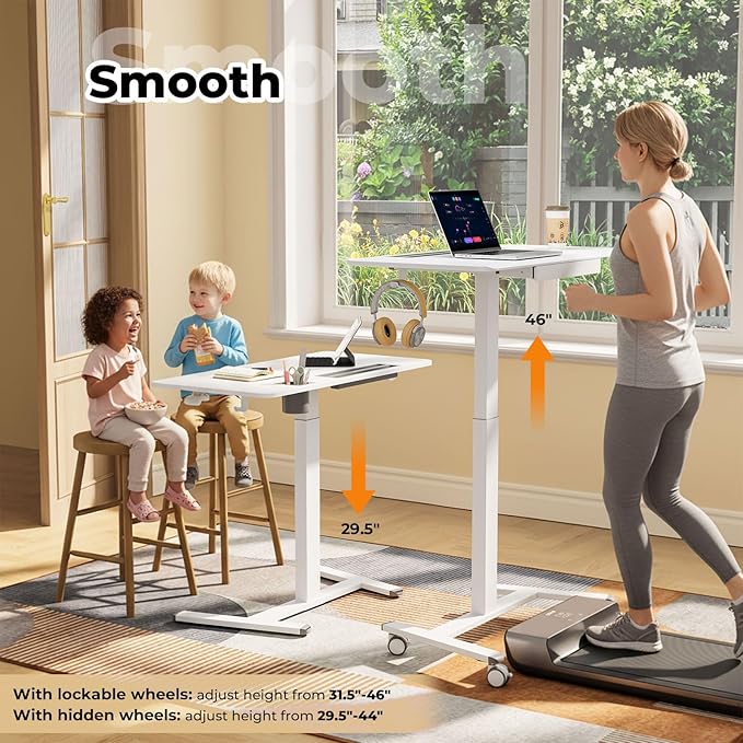 Mobile Standing Desk with Drawer, 40" Small Standing Desk with Cup Holder, Rolling Laptop Workstaion on Wheels, Height Adjustable Table with Storage for Home Office, White