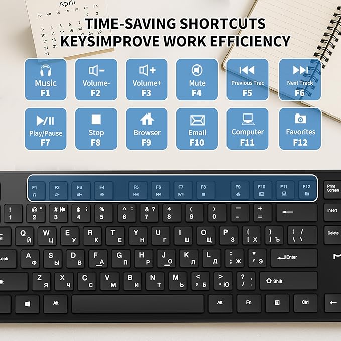 Russian Keyboard with English (Cyrillic),Non Fading Characters,12 Multimedia Keys USB Interface,1.6m line Length Suitable for Computer Laptop PC,Full Size with Number Key,Plug and Play