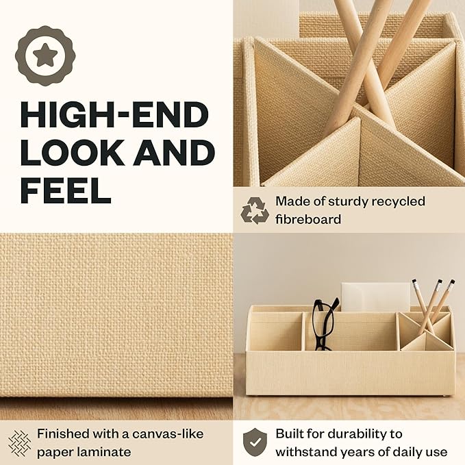 Bigso Elisa Desktop Organizer - Durable Office Desk Organizer with 7 Compartments for Office Supplies - Desk Caddy for Customizable Organization - 13in x 4.9in x 4.9in - Cream