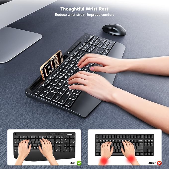 KYSONA 5th Gen Wireless Keyboard, 2.4G Full-Sized Cordless Ergonomic Keyboard with Wrist Rest, Phone ipad Holder, Adjustable Angle, Compatible with Laptop/PC/Mac/Windows, Black