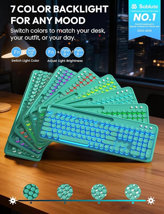 Wireless Keyboard and Mouse Combo - Backlit Typewriter Keyboard with Magnetic Wrist Rest & Phone Holder, Light Up Round Keycaps, 2.4GHz Cordless Set for Mac, Windows, PC, Laptop, SABLUTE