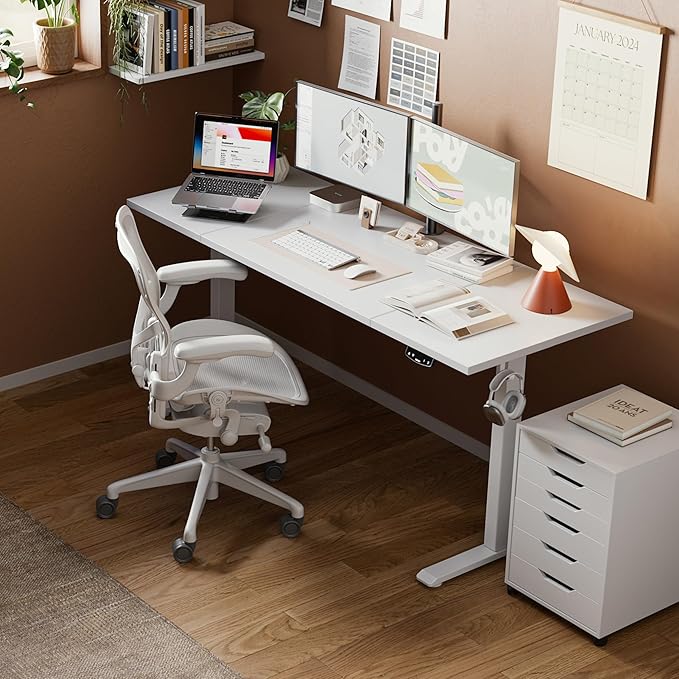 Agilestic Electric Standing Desk, 63 x 24 Inches Height Adjustable Desk, Sit Stand up Desk for Work Office Home, Splice Board, White