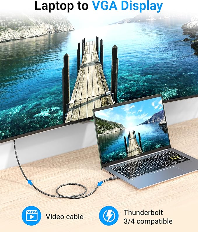 BlueRigger USB C to VGA Cable - (10FT, Type C to VGA, 1080p Display Cable, Male to Male, USB 3.1 Thunderbolt 3/4) - USB-C to VGA Compatible with Laptop, Phone, Tablet, HDTV, Monitor, Projector