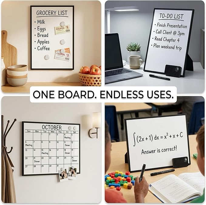 Small Dry Erase Board with Stand & Wall Mount 12"x16" – Vertical & Horizontal Desktop Whiteboard, Magnetic White Board with Aluminum Frame, Markers, Eraser & Magnets Included