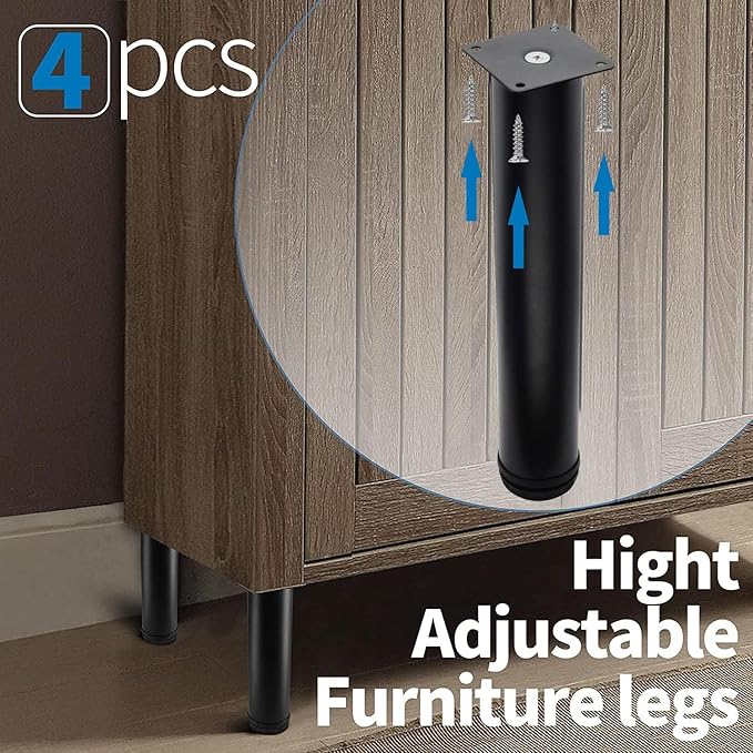 12 Inch Metal Furniture Legs Stainless Steel Adjustable Legs Black Metal Legs Round Cabinet Legs for Coffee Table Cabinet Desk Sofa Shelves, Pack of 4