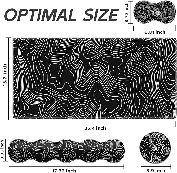Gaming Mouse Pad Set, Map Lines Vector Large Desk Mat Mousepad, Keyboard Wrist Support, Mouse Wrist Rest, Coaster 4in1 Ergonomic Memory Foam, Non-Slip Stitched Edge for Home Office