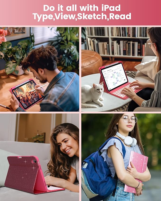 typecase Folio Keyboard Case for iPad 10th Gen 10.9 inch (2022) and iPad 11th (A16, 2025), Magnetic Wireless Detachable Keyboard, 7-Color Backlight, Thin & Light, Pencil Holder – Rose Red Glitter