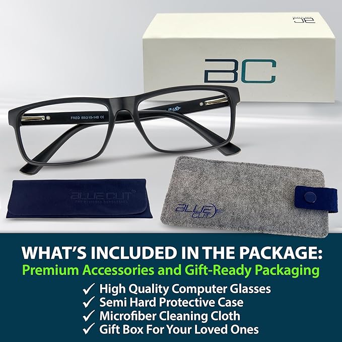 BLUE CUT Blue Light Blocking Glasses for Men and Women – Anti-Fatigue Computer Gaming Glasses to Reduce Eye Strain, Black, 1.50 Magnification