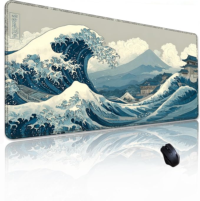 Kanagawa Wave Surfing Mouse pad,Large Japanese Anime Pattern Desk mat with Sewn Edges, microwoven Fabric, Easy to Clean, Suitable for Laptop Gaming Mouse pad (31.5×11.8in)