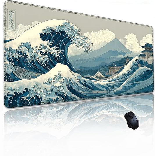 Kanagawa Wave Surfing Mouse pad,Large Japanese Anime Pattern Desk mat with Sewn Edges, microwoven Fabric, Easy to Clean, Suitable for Laptop Gaming Mouse pad (31.5×11.8in)