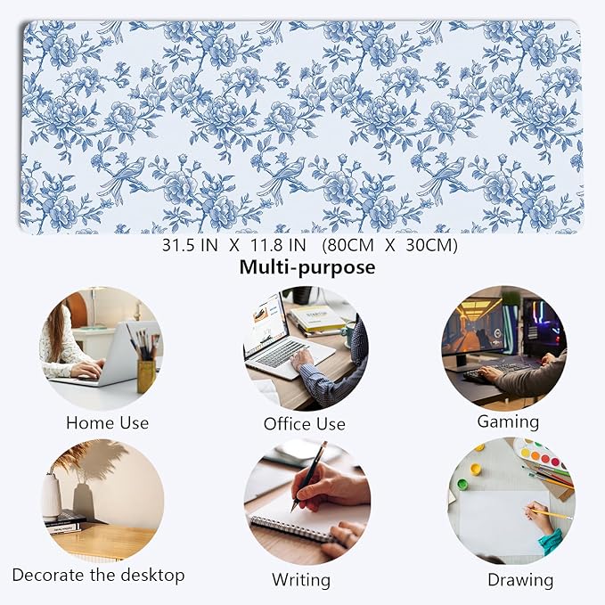Light Blue Chinoiserie Mouse Pad,Vintage Blue and White Floral Desk Mat,XL Large Vintage Flowers and Birds Preppy Mouse Pad,Girly Laptop Desk Mat for Dorm Home Office,31.5x11.8 Inch