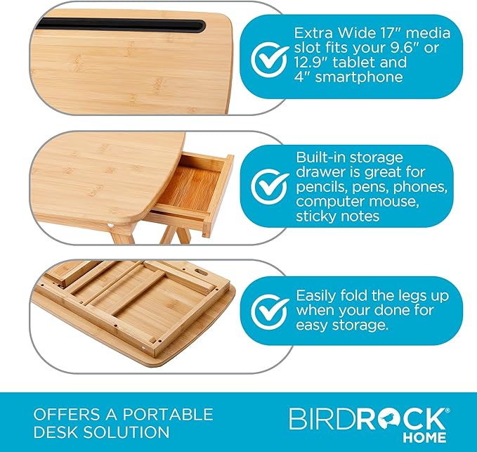 BIRDROCK HOME Bamboo Wood Lap Tray with Foldout Legs, Storage Drawer, Fits Laptops Up to 17", Tablet and Phone Slot, Laptop Table for Sitting or Standing, Work from Home, Workstation - Natural