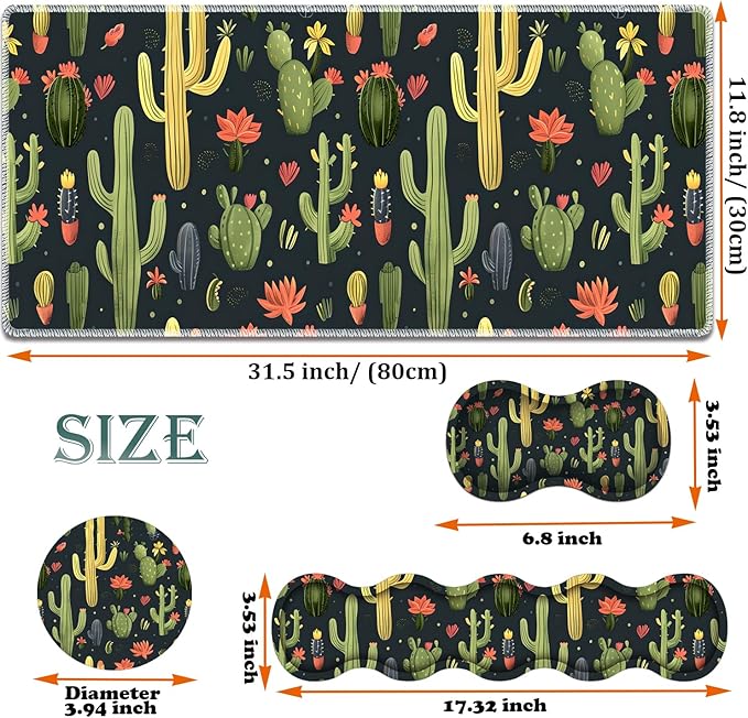 Large Gaming Mouse Pad + Keyboard Wrist Rest + Wrist Support + Coaster Set, Memory Foam Ergonomic for Easy Typing, XXL Extended Gaming Mouse Pad Table Pad - Cactus
