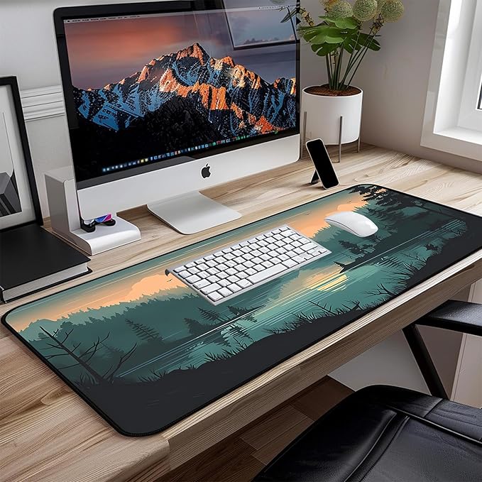 Sunset Lake Mouse Pad XXL, Green Forest Plant Desk Pad, Large Computer Pad, Game Mouse Mats Large, Full Desktop Pad, Natural Landscape Desktop Decor Home Office Desk Accessories 31.5"X15.7"