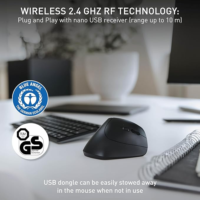 Cherry MW4500 Wireless Vertical Ergonomic Optical Mouse, up to 1200 DPI, 6 Buttons and Scroll Wheel for Laptop, PC, Desktop or Mac. Right Handed.