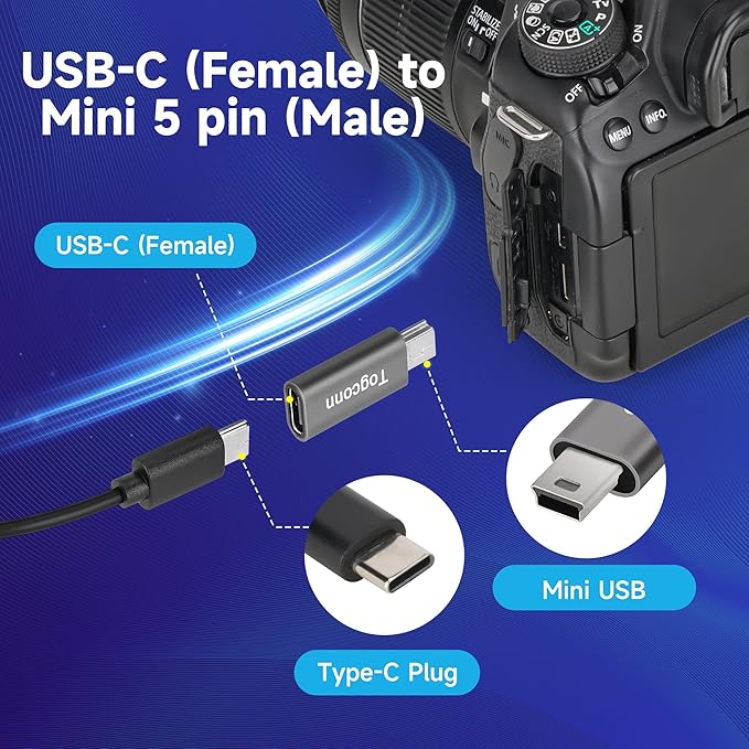 USB C to Mini USB Adapter 4 Pack, USB Type-C (Female) to Mini USB (Male) Converter Connector, Support Charging & Data Sync Compatible with GoPro Hero 3+, MP3 Players, Dash Cam, Digital Camera and more