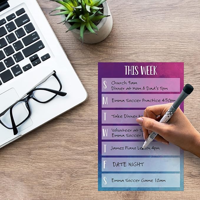 Dry Erase Weekly Calendar Planner Sticker Decal | Removable & Reusable | Magnetic Fine-Tip Marker Included (6 x 9 inches, Watercolor)