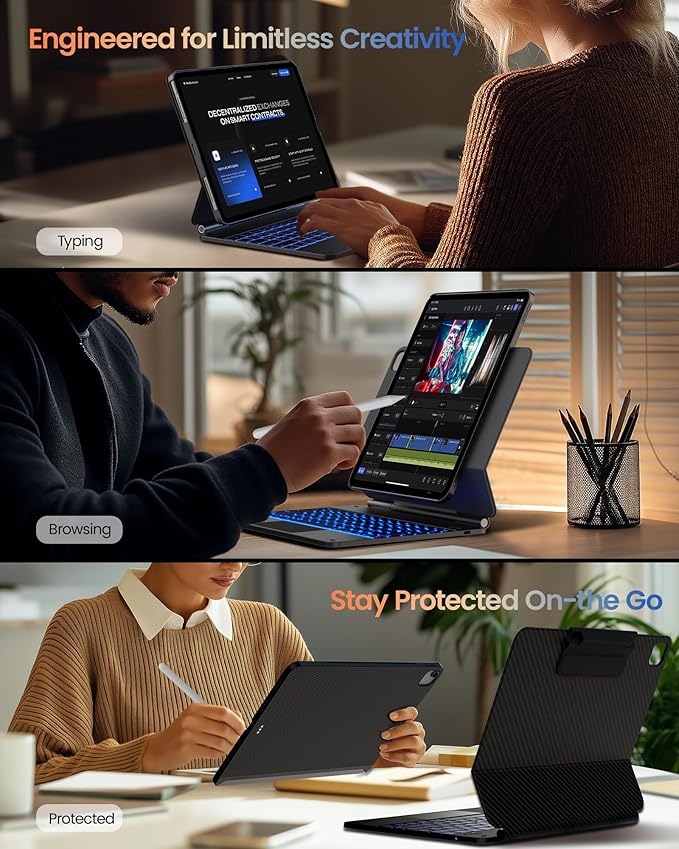 typecase Edge+ Keyboard Case for iPad Air 13"(M4/M3/M2, 2026/2025/2024) & iPad Pro 12.9"(3/4/5/6th Gen),Ultra-Slim Detachable Case,Portrait &Typing Modes,11-Color Backlight,Magnetic Stand,Carbon Fiber