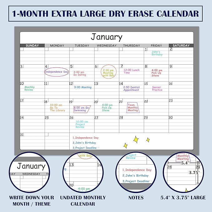 Undated Large Dry Erase Calendar - 40" x 28", Folded Laminated Paper Wall Calendar, Not White Board, Blank Reusable Calendar Planner with Notes Section, Stickers, Great for Home, Office, Classroom