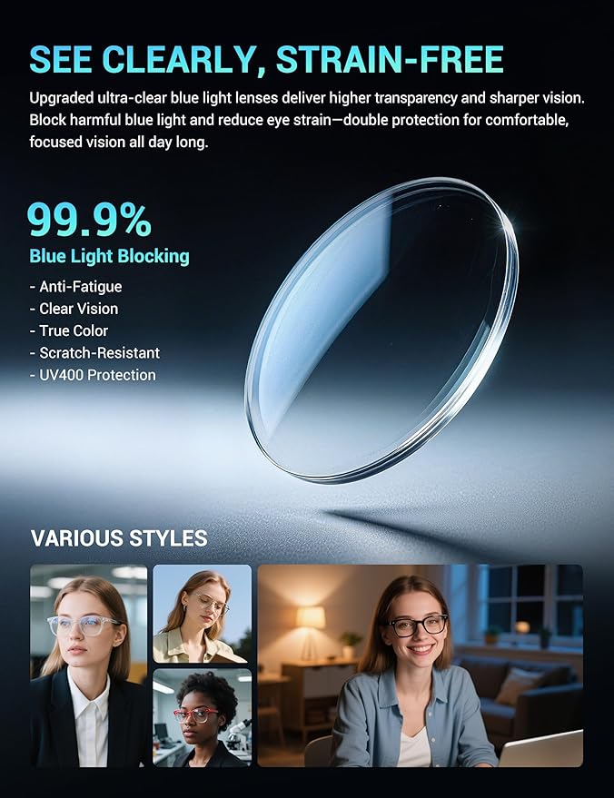 TIJN Lyssa Blue Light Glasses for Women Men,Retro 90s Oval Cat Eye Frame Eyeglasses,Lightweight TR90 Computer Gaming Eyewear