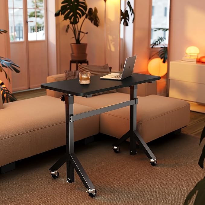 HUANUO 32'' Small Standing Desk with Wheels,28.7"-46.1" Heigh Adjustable Portable Rolling Desks,Mobile Stand Up Desk for Walking Pad and Treadmill,Sit to Stand Computer Workstation for Bedroom,Black