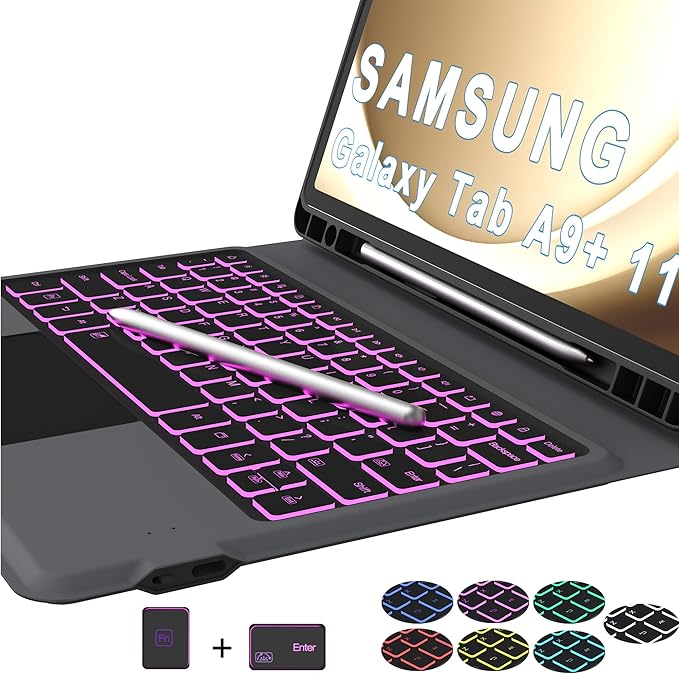 Keyboard Case for Samsung Tab A11+ Plus/A9+ Plus 11": 7 Colors Backlit Trackpad Keyboard for 11inch Galaxy Tab A9+ A11 Plus | Smart Touch Wireless Keyboard Folio Book Cover with Pen Holder & Kickstand