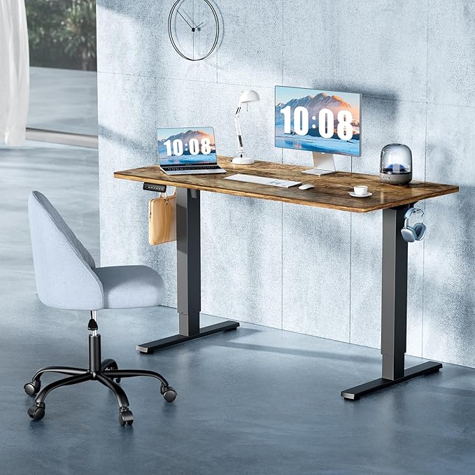 DUMOS 55 Inch Electric Standing Desk Height Adjustable, Sit to Stand Computer Workstations Large Work PC Table Home Office Writing Gaming Desks with Memory Presets for Walking Pad, Bedroom, Rustic