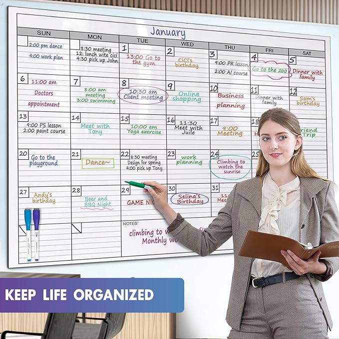 Magnetic-Receptive Dry Erase Monthly Extra Large White Board Calendar for Wall 38x50, Big Whiteboard Calendar with Iron Sheet Backing-Works with Magnetic Markers Eraser, Giant Blank Poster with Square