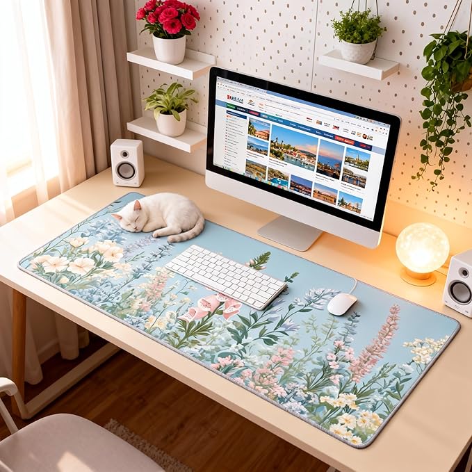 Cute Floral Aesthetic Wildflower Gaming Mouse Pad, Sky Blue Macaron Desk Mat with Anti-Slip Base & Stitched Edges, Computer Keyboard & Laptop Pad, 35.4" x 15.7" in in Workstation Accessories