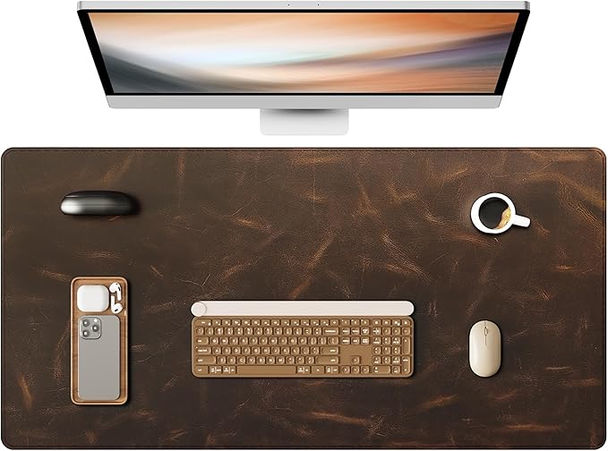 YSAGi Leather Desk Mat, 31.5"x15.8"Real Leather Desk Pad,2mm Thick Desk Blotter with Stiched line,Oil-Wax Feel Mouse pad and Self-Healing Laptop Pad for Home & Office(Classic Dark Brown)