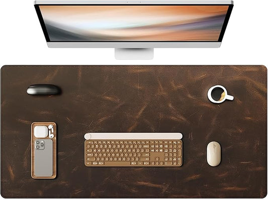 YSAGi Leather Desk Mat, 31.5"x15.8"Real Leather Desk Pad,2mm Thick Desk Blotter with Stiched line,Oil-Wax Feel Mouse pad and Self-Healing Laptop Pad for Home & Office(Classic Dark Brown)