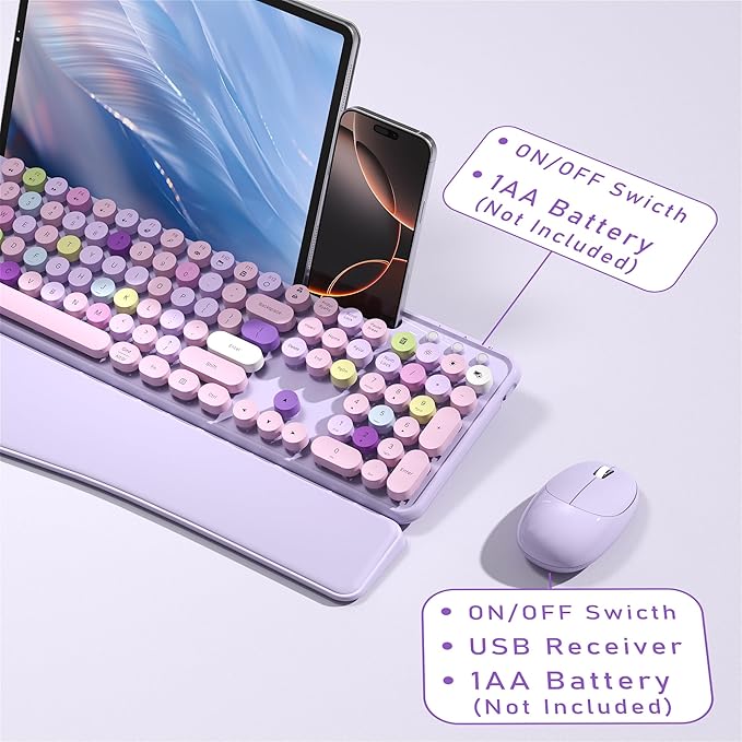Colorful Wireless Computer Keyboard and Mouse Combo with Phone Holder, Wrist Rest, Typewriter Keys, 2.4GHz Wireless, Full-Sized Optical Mouse for PC and Laptop (Purple)