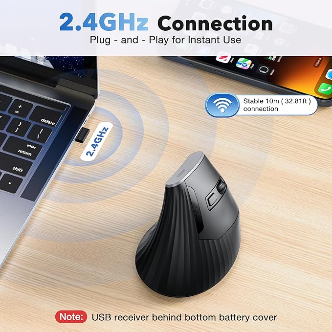 Uineer Vertical Mouse, 2.4GHz Ergonomic Wireless Mouse, 800/1200/1600/2400 Adjustable Dpi, 6 Buttons Battery Powered Mouse for Laptop, PC, Mac, Comfort and Reduced Wrist Strain (Black)