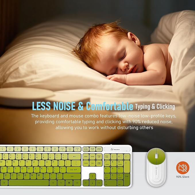 Wireless Keyboard and Mouse Combo - 2.4G Wireless, Rechargeable, Quiet, Cute Colorful, Full-Sized, 3 DPI Adjustable Mouse, for Computer, Laptop, PC, Desktop(Green)
